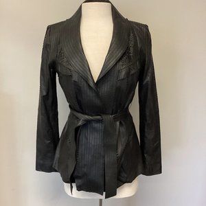 Elie Tahari Laser Cut Black Leather Belted Jacket Sz Small